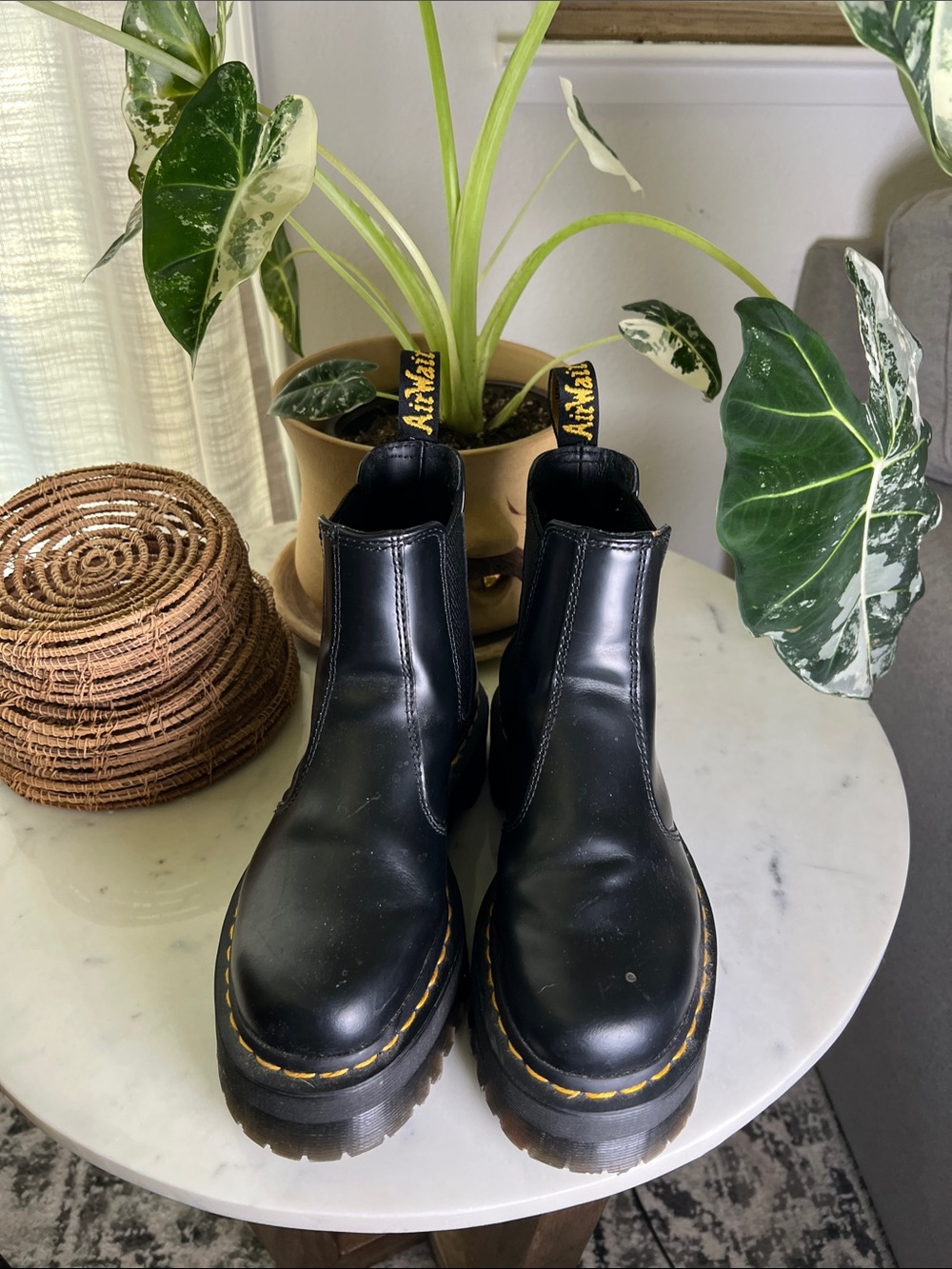 Dr. Martens Black Leather Chelsea Combat Boots with Yellow Stitching - Picture 2 of 4